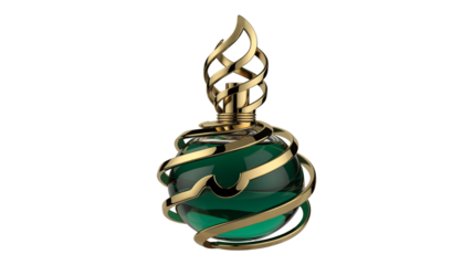 Luxurious emerald perfume bottle with intricate gold flame design, perfect for high-end branding on transparent background
