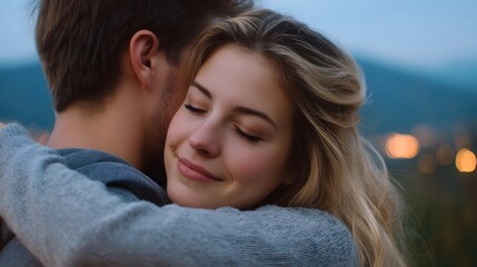 Fototapeta premium A couple embracing tenderly during twilight with distant city lights