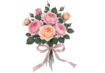A beautiful vintage watercolor bouquet featuring pink and peach roses tied with a delicate ribbon