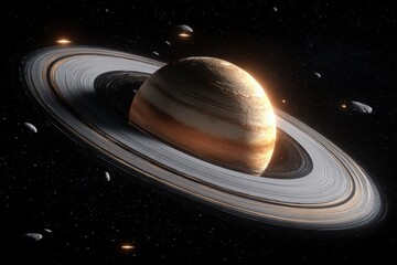 Digital Render of a Striped Planet with Rings in a Starry Black Sky