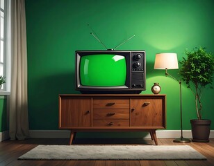 A vintage television set on a wooden cabinet in a green-walled room