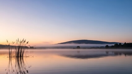 Naklejka premium Serene lake at sunrise with misty mountains