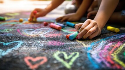 Obraz premium Close-up of children drawing with colorful chalk on asphalt, small hands holding chalk, bright doodles and rainbows, warm sunlight, playful and creative outdoor activity, high-resolution