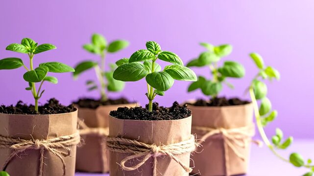 Green plants sprout from paper pots with twine ties against a purple backdrop
