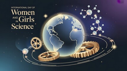 Luminous Earth with Gears and Molecular Structure for International Day of Women and Girls in
