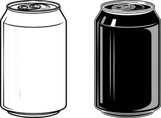 Minimal aluminum soda can vector illustration set in black and white isolated on white background for packaging branding and mockup design