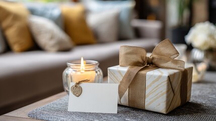 Elegant Gift Box with Golden Ribbon Candle and Card on Table in Soft Focus