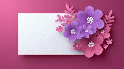 Elegant Floral Decoration with Purple and Pink Blossoms on Rectangular White Patterned Background