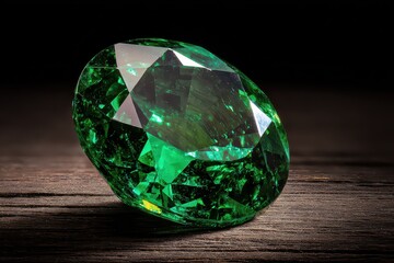Emerald Green Gemstone on Dark Wooden Surface Reflecting Light and Sparkle with Faceted Surface for Jewelry Design
