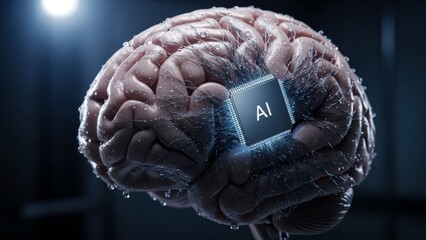 Futuristic Ai Chip Integrated into Human Brain with Neural Connections and Water Droplets