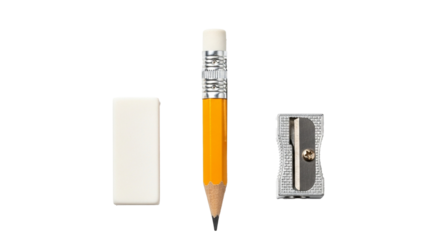 Essential school and office supplies: a pencil, eraser, and sharpener for educational and creative work on transparent background