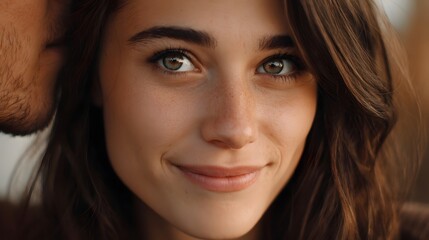 Obraz premium Close up portrait of a woman s joyful expression while receiving a tender whisper