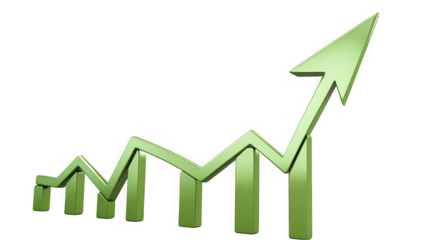 Three dimensional green upward trending arrow graph symbolizing positive growth profit and financial success on black