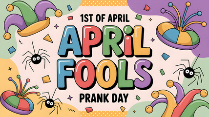 Fototapeta premium Vibrant april fools day graphic with colorful jester hats and spiders