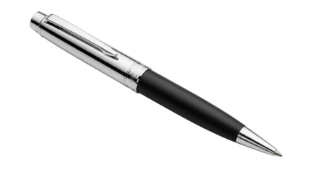 Professional metallic ballpoint pen for business tasks and corporate document signing on transparent background