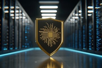 Golden Shield Displaying Intricate Circuitry in a Blue Lit Server Room