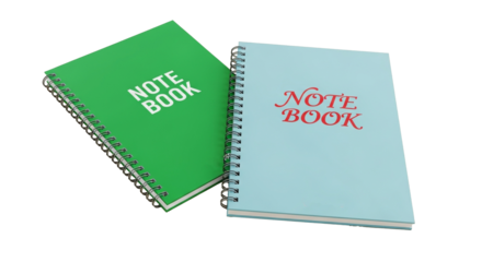 Green and blue spiral notebooks for business planning and note-taking efficiency on transparent background