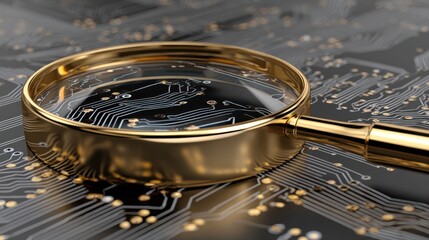 Golden Magnifying Glass Focuses on Complex Circuit Board Design with White Traces and Black Background Technology Innovation Overview Macro Lens