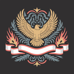 Fototapeta premium Ornate heraldic eagle emblem with ribbon banner.