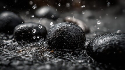 Macro Shot of Black Stones with Splashing Water Droplets in Low Key Lighting Reflecting on Dark Wet Surface
