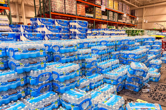 Kirkland bottled water display at Costco store