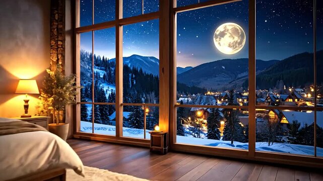 A cozy bedroom with a mountain view through a large window under the moonlight