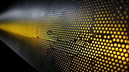 Perforated Metal Sheet with Yellow Light Glowing Through Holes in Perspective View