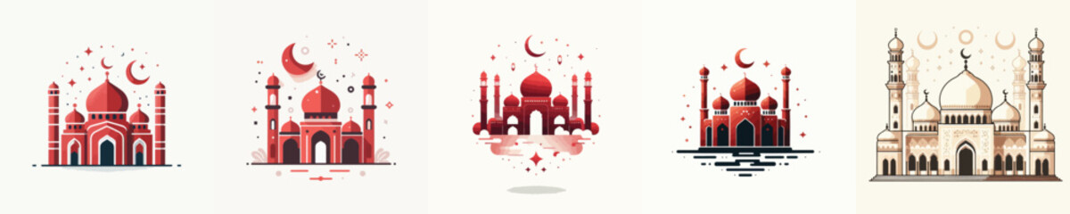 Fototapeta premium Diverse vector illustrations of mosque architecture, blending traditional and modern styles. Perfect for spiritual celebrations, cultural events, and community worship designs