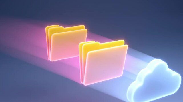 Glowing neon cloud folder icons digital data transfer concept with cloud storage symbol dark background glowing folder digital