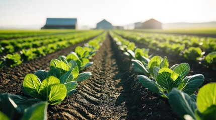 Rows of Vibrant Green Cabbage Plants in a Farm Field Under a Bright Sky at Golden Hour