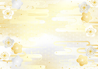 日本の伝統模様を組み合わせた華やかな着物柄のような金銀の背景イラスト