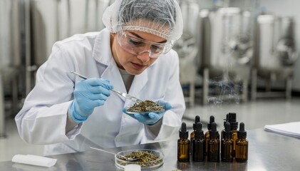 Medium shot of a technician carefully sampling raw herbs and oils to evaluate their aroma and texture for quality assurance in a processing plant.