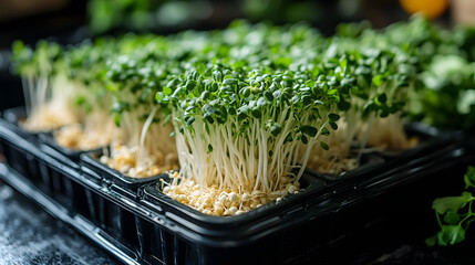 Fresh sprouts growing on a black tray with soil in a kitchen setting during daylight hours