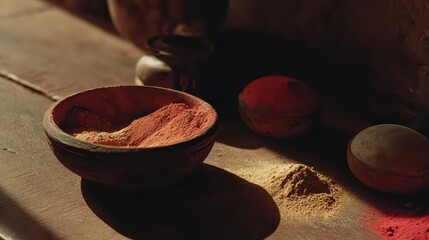 Rustic Still Life with Pigments and Ceramic Bowls on Wooden Surface in Warm Tonal Light