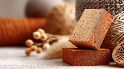 Rustic Still Life with Textured Cubes and Natural Fiber Yarn Rolls in Warm Tones on Soft White Surface