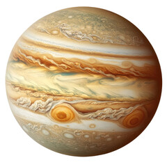 Jupiter shows its unique colors and patterns with storms and cloud formations in the vastness of space