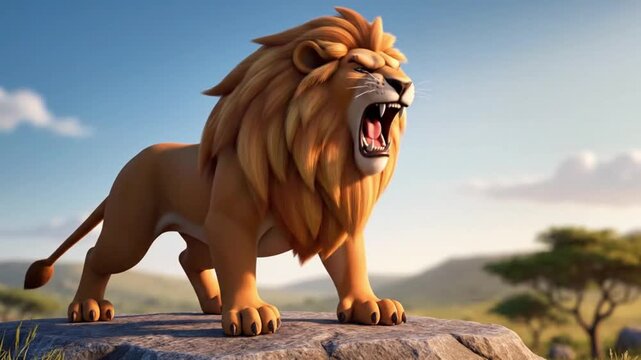 A majestic cartoon lion with a flowing mane roars powerfully while standing on a rock in a savanna landscape.