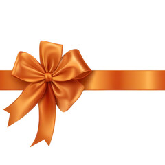 A bright orange ribbon with a bow sits atop a plain white background. It is ideal for gift wrapping or decoration