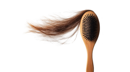 Wooden hairbrush applying thick white conditioning treatment to flowing brown hair against a for beauty