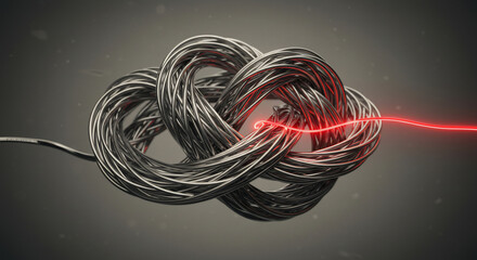 Red laser cutting through complex knot on gray background