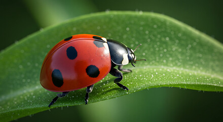 Fototapeta premium Red ladybug on green leaf macro photography