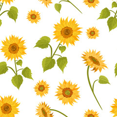 Bright yellow sunflowers with green leaves form a cheerful repeating pattern. A joyful design suitable for summer textiles, greeting cards, wallpapers or eco branding.