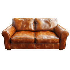 A brown leather sofa sits in a living room with a simple layout and comfortable seating for two people