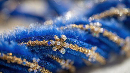 Close-up of a luxurious blue carnival mask adorned with gold beads and sparkling crystals. Intricate details of a vibrant blue masquerade mask featuring shimmering gold beadwork and faceted gemstones