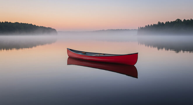 Red canoe on misty lake at sunrise - Powered by Adobe