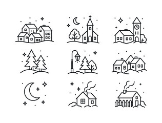 Santa's Icon Set. Santa&rsquo;s gift delivery. Line outline icon set of Santa&rsquo;s gift delivery: sleigh, sack of gifts
