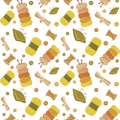 Seamless knitting pattern with yarn, buttons and sewing accessories.
Repeating handmade textile elements on a light background.
Cozy craft pattern for wrapping paper, fabric and surface design.