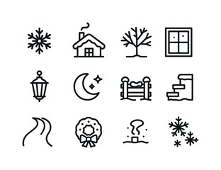 Winter Travel Icons. Winter travel essentials for snowy road trips. Line outline icon set of Winter travel