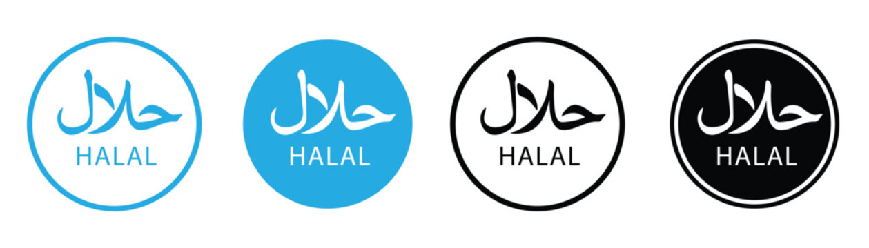 Halal Certification Logo Icon Set with Arabic Halal Text in Modern Flat Vector Style