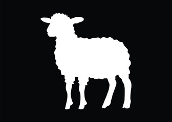White Sheep Silhouette on Black Background in Flat Vector Style for Farming, Livestock and Eid Design